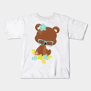 Hipster Bear, Bear With Glasses, Colorful Flowers Kids T-Shirt